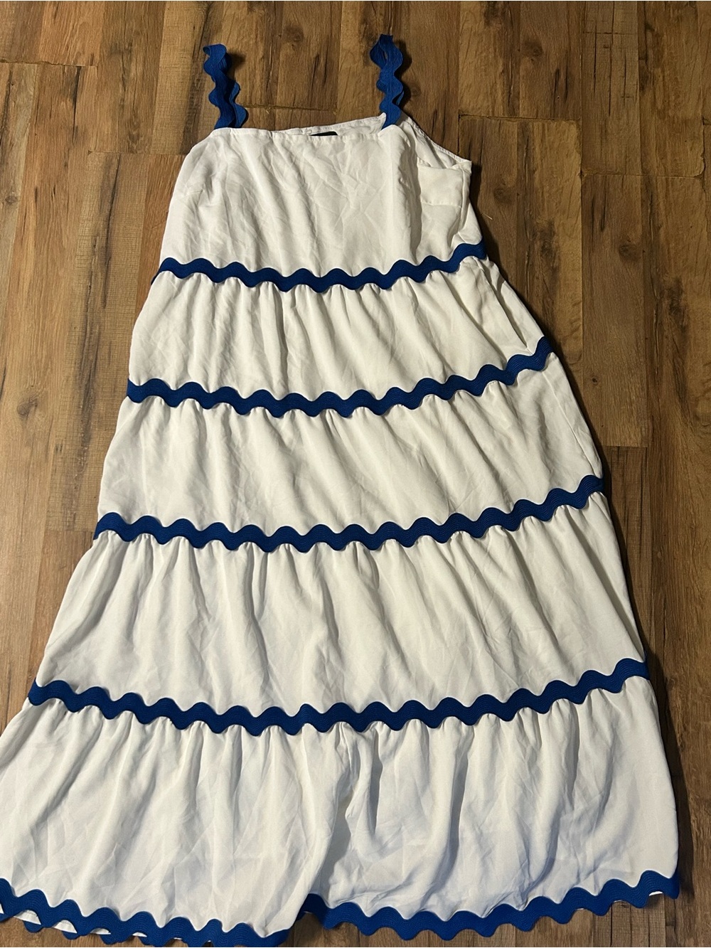 White Blue Pretty Gardens Tiered Maxi Dress Sleeveless Tank Sundress XL